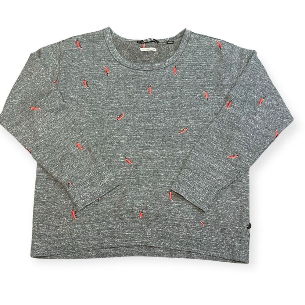 SCOTCH & SODA SPICY SUNDAY Women’s Gray Long Sleeve Embroidered Chili Pepper Pul